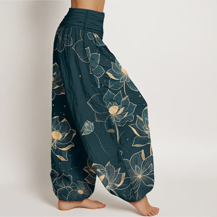 Pantaloni harem da donna con elastico in vita e motivo a loto in puro cotone Buddha Stones - image 2