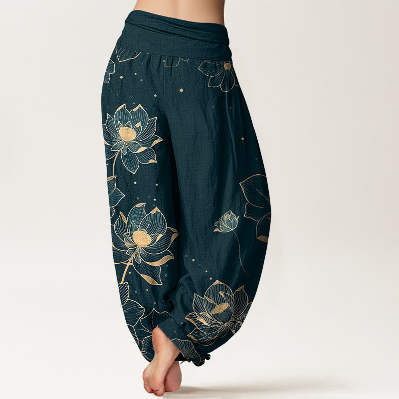 Pantaloni harem da donna con elastico in vita e motivo a loto in puro cotone Buddha Stones - image 1