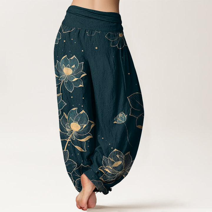 Pantaloni harem da donna con elastico in vita e motivo a loto in puro cotone Buddha Stones - image 1