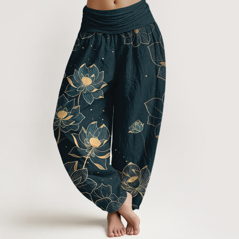 Pantaloni harem da donna con elastico in vita e motivo a loto in puro cotone Buddha Stones - Verde scuro - US16, UK/AU20, EU48 (3XL) - image 0