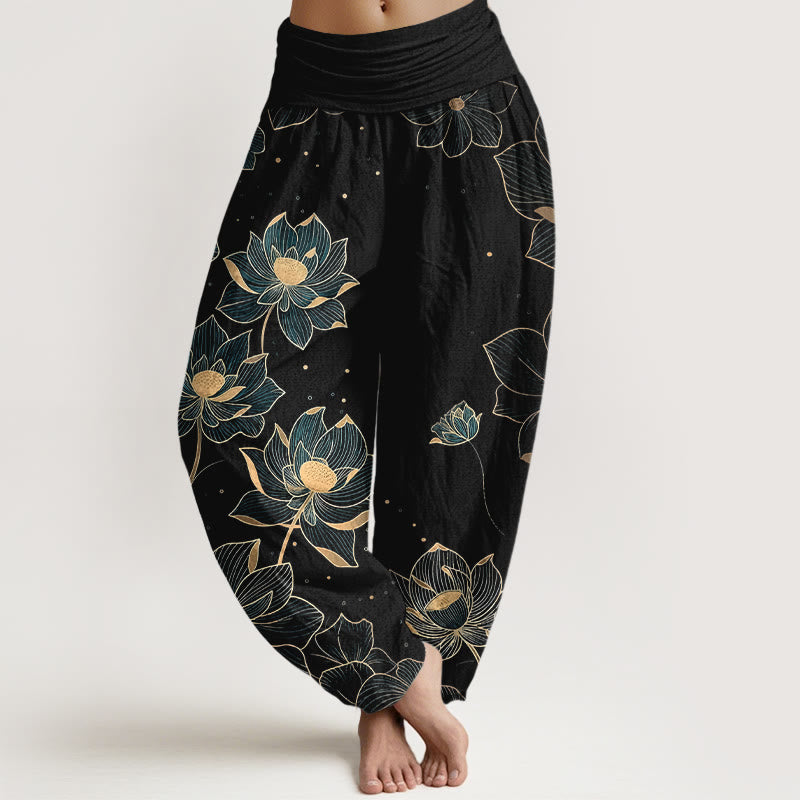 Pantaloni harem da donna con elastico in vita e motivo a loto in puro cotone Buddha Stones - Nero - US16, UK/AU20, EU48 (3XL) - image 5