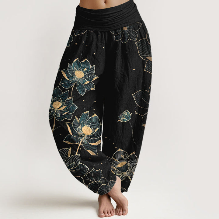Pantaloni harem da donna con elastico in vita e motivo a loto in puro cotone Buddha Stones - Nero - US16, UK/AU20, EU48 (3XL) - image 5