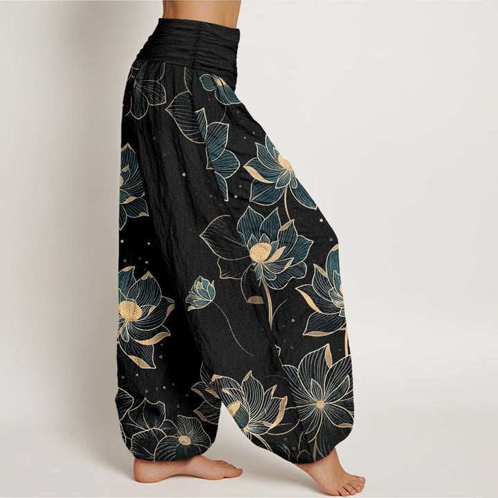 Pantaloni harem da donna con elastico in vita e motivo a loto in puro cotone Buddha Stones - image 7