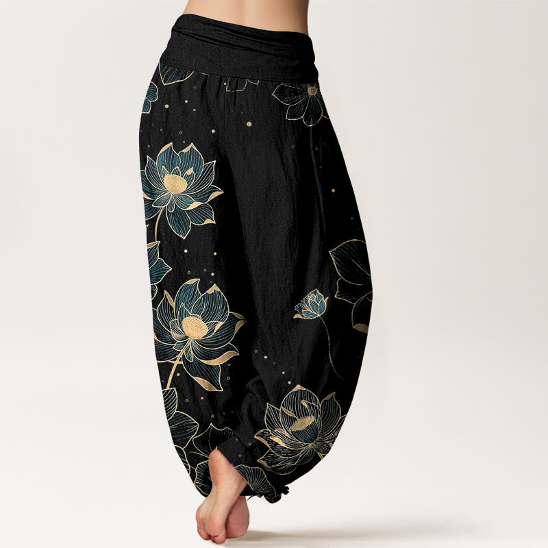 Pantaloni harem da donna con elastico in vita e motivo a loto in puro cotone Buddha Stones - image 6