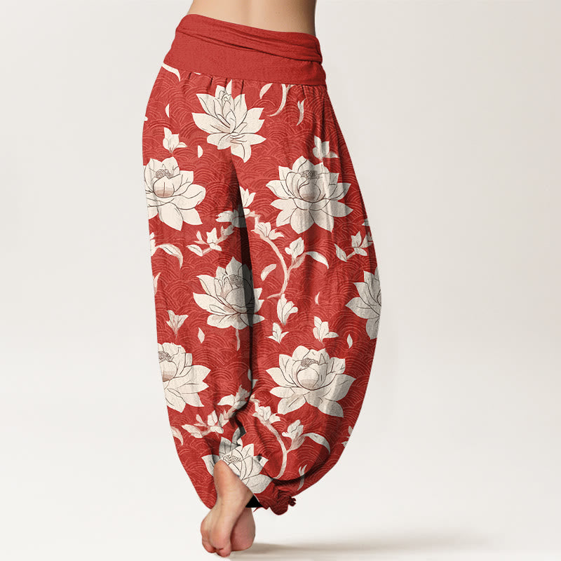 Pantaloni harem da donna con elastico in vita, in puro cotone beige con motivo a loto , Buddha Stones - image 1