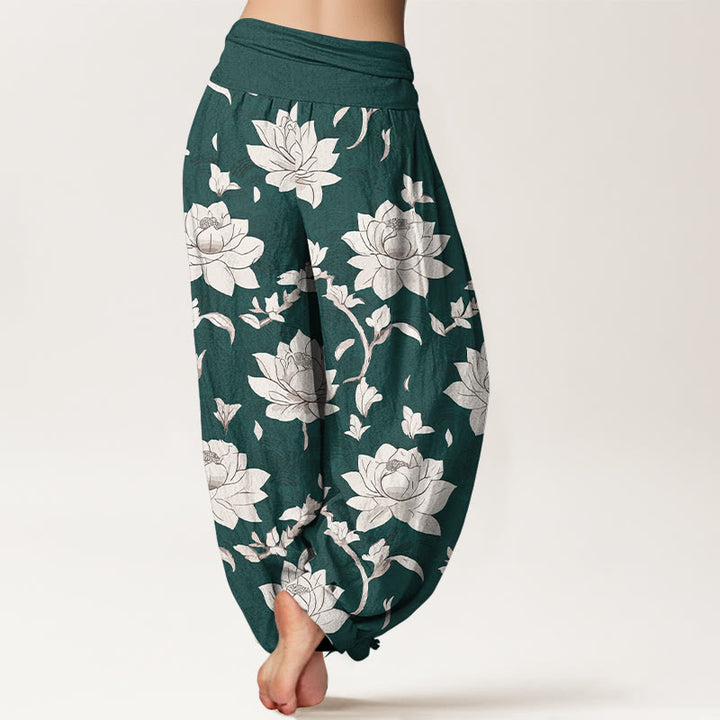 Pantaloni harem da donna con elastico in vita, in puro cotone beige con motivo a loto , Buddha Stones - image 9