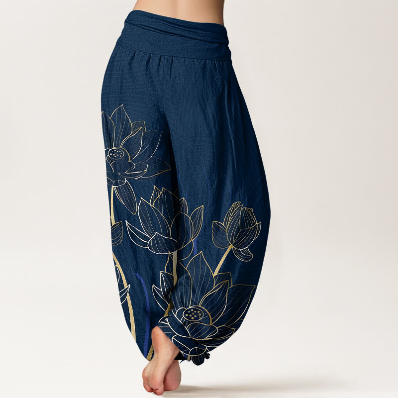 Pantaloni harem da donna con elastico in vita, in puro cotone, stile minimalista, motivo a baccello di fiore di loto , Buddha Stones - image 1