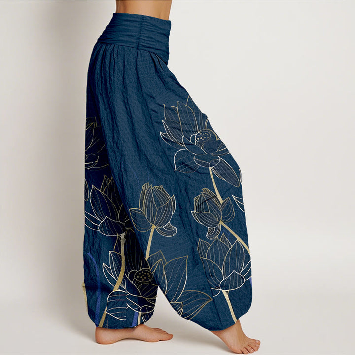 Pantaloni harem da donna con elastico in vita, in puro cotone, stile minimalista, motivo a baccello di fiore di loto , Buddha Stones - image 2
