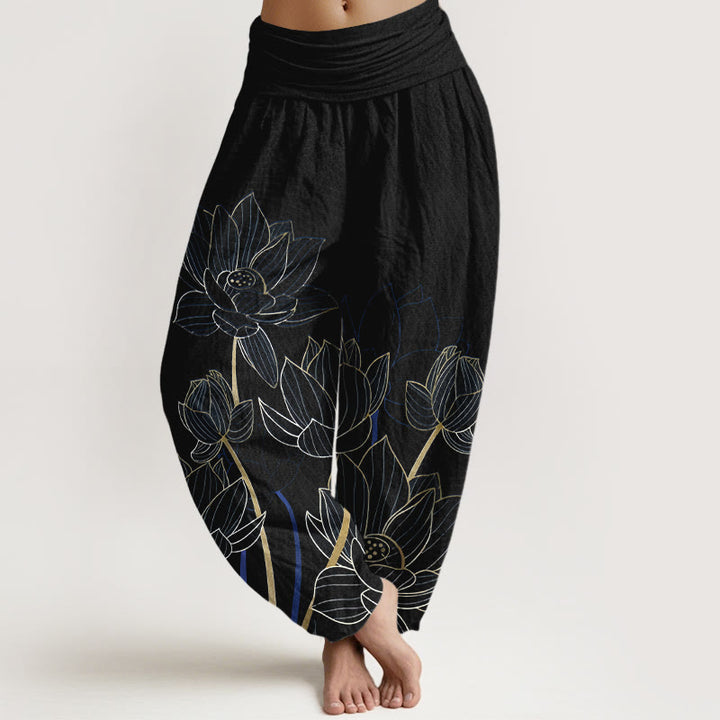 Pantaloni harem da donna con elastico in vita, in puro cotone, stile minimalista, motivo a baccello di fiore di loto , Buddha Stones - Nero - US16, UK/AU20, EU48 (3XL) - image 5