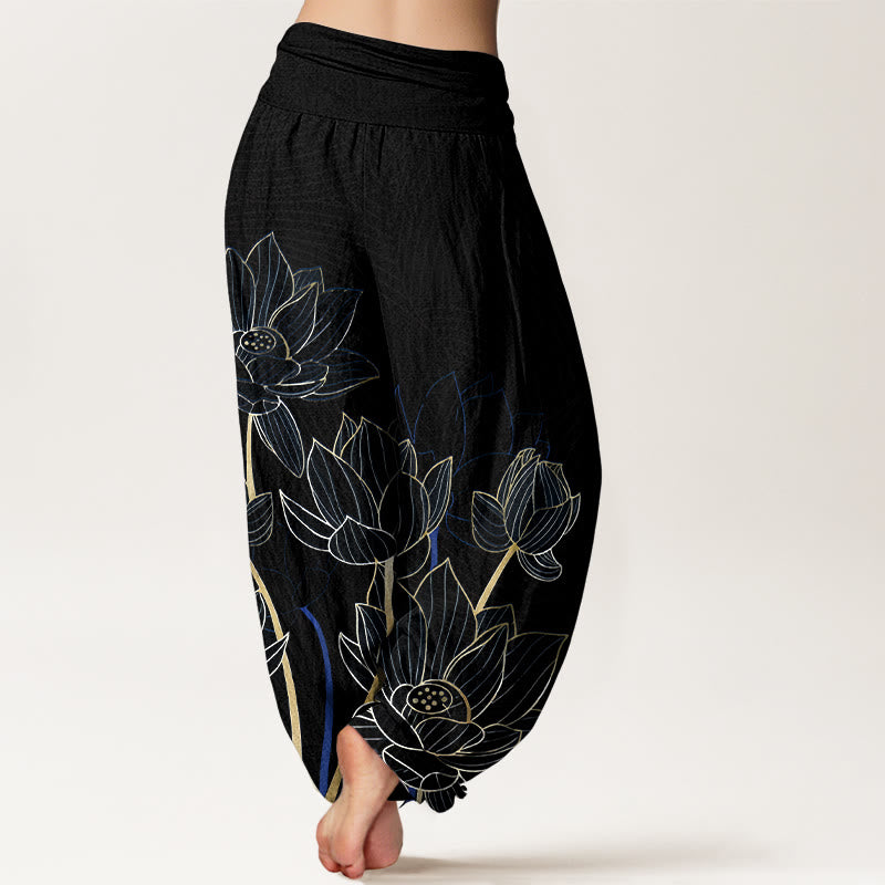 Pantaloni harem da donna con elastico in vita, in puro cotone, stile minimalista, motivo a baccello di fiore di loto , Buddha Stones - image 6