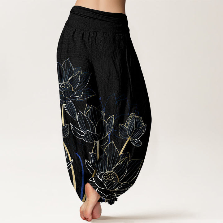 Pantaloni harem da donna con elastico in vita, in puro cotone, stile minimalista, motivo a baccello di fiore di loto , Buddha Stones - image 6
