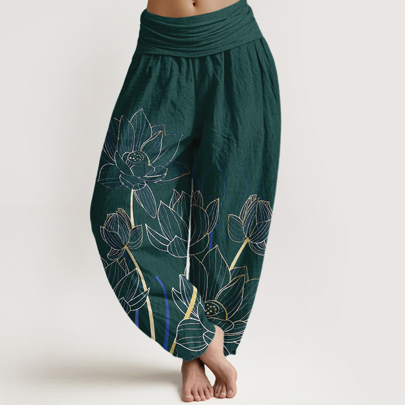 Pantaloni harem da donna con elastico in vita, in puro cotone, stile minimalista, motivo a baccello di fiore di loto , Buddha Stones - Verde scuro - US16, UK/AU20, EU48 (3XL) - image 8