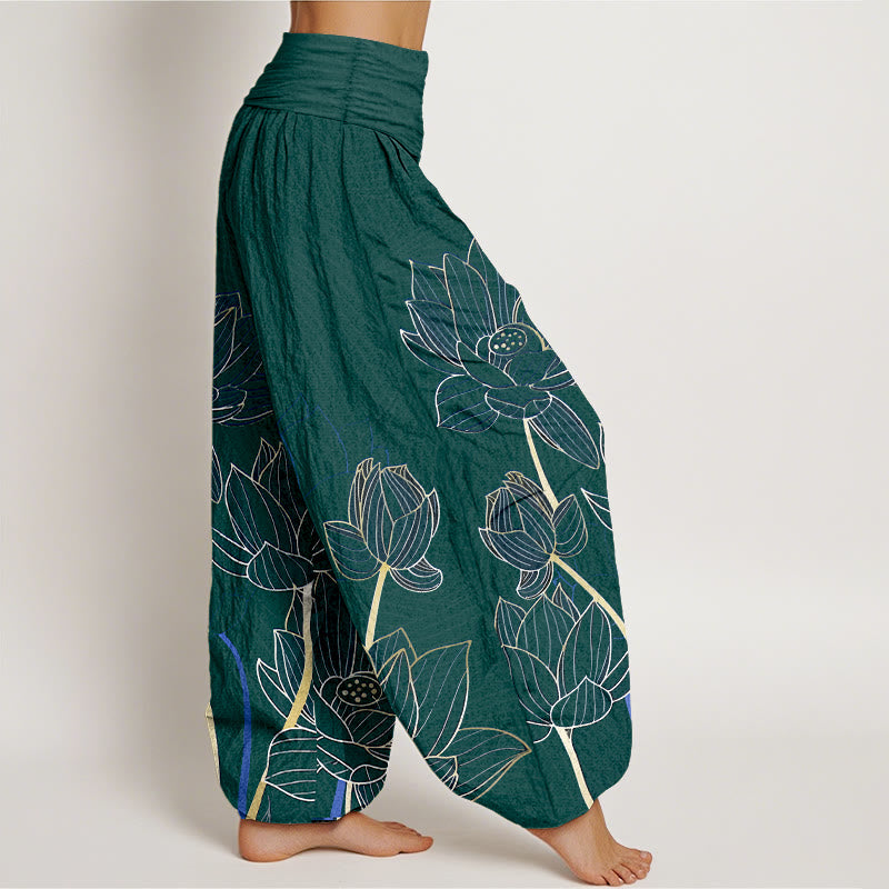 Pantaloni harem da donna con elastico in vita, in puro cotone, stile minimalista, motivo a baccello di fiore di loto , Buddha Stones - image 10
