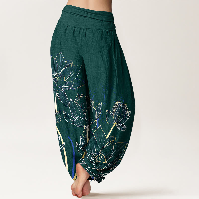 Pantaloni harem da donna con elastico in vita, in puro cotone, stile minimalista, motivo a baccello di fiore di loto , Buddha Stones - image 9
