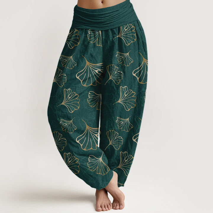 Pantaloni harem da donna con elastico in vita, in puro cotone, stile minimalista, motivo foglie di ginkgo, Buddha Stones - Verde scuro - US16, UK/AU20, EU48 (3XL) - image 0