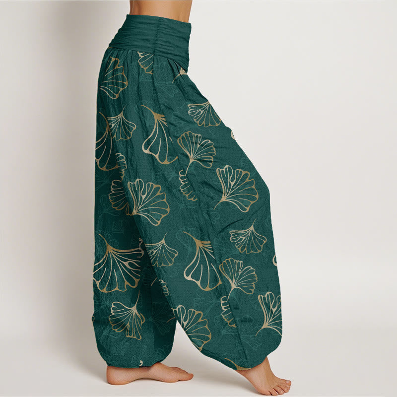 Pantaloni harem da donna con elastico in vita, in puro cotone, stile minimalista, motivo foglie di ginkgo, Buddha Stones - image 2