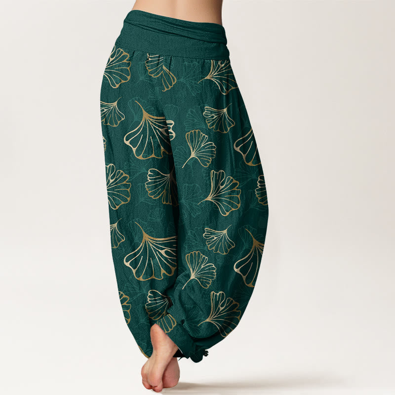 Pantaloni harem da donna con elastico in vita, in puro cotone, stile minimalista, motivo foglie di ginkgo, Buddha Stones - image 1