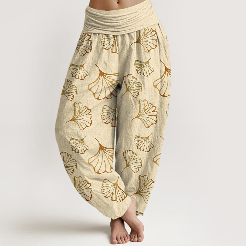 Pantaloni harem da donna con elastico in vita, in puro cotone, stile minimalista, motivo foglie di ginkgo, Buddha Stones - LemonChiffon - US16, UK/AU20, EU48 (3XL) - image 5