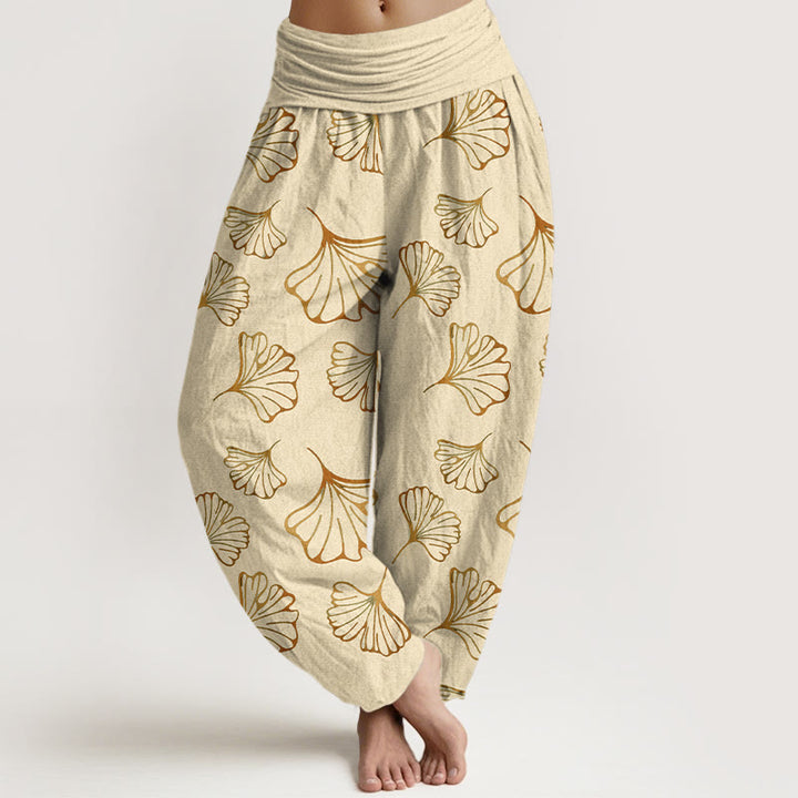 Pantaloni harem da donna con elastico in vita, in puro cotone, stile minimalista, motivo foglie di ginkgo, Buddha Stones - LemonChiffon - US16, UK/AU20, EU48 (3XL) - image 5