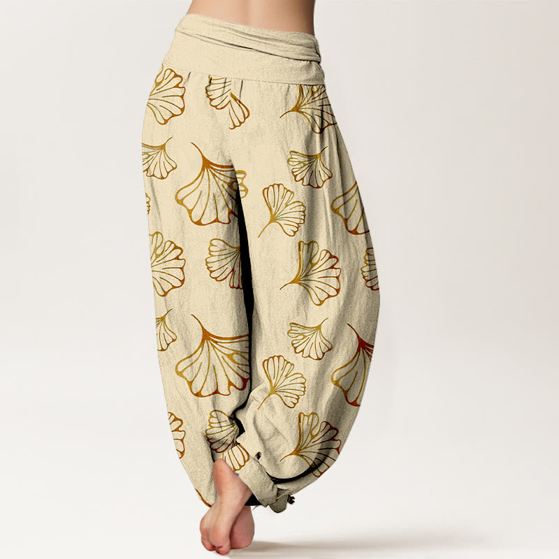 Pantaloni harem da donna con elastico in vita, in puro cotone, stile minimalista, motivo foglie di ginkgo, Buddha Stones - image 6