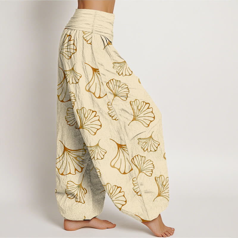 Pantaloni harem da donna con elastico in vita, in puro cotone, stile minimalista, motivo foglie di ginkgo, Buddha Stones - image 7