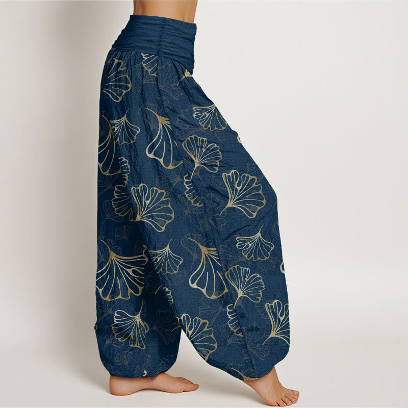Pantaloni harem da donna con elastico in vita, in puro cotone, stile minimalista, motivo foglie di ginkgo, Buddha Stones - image 10