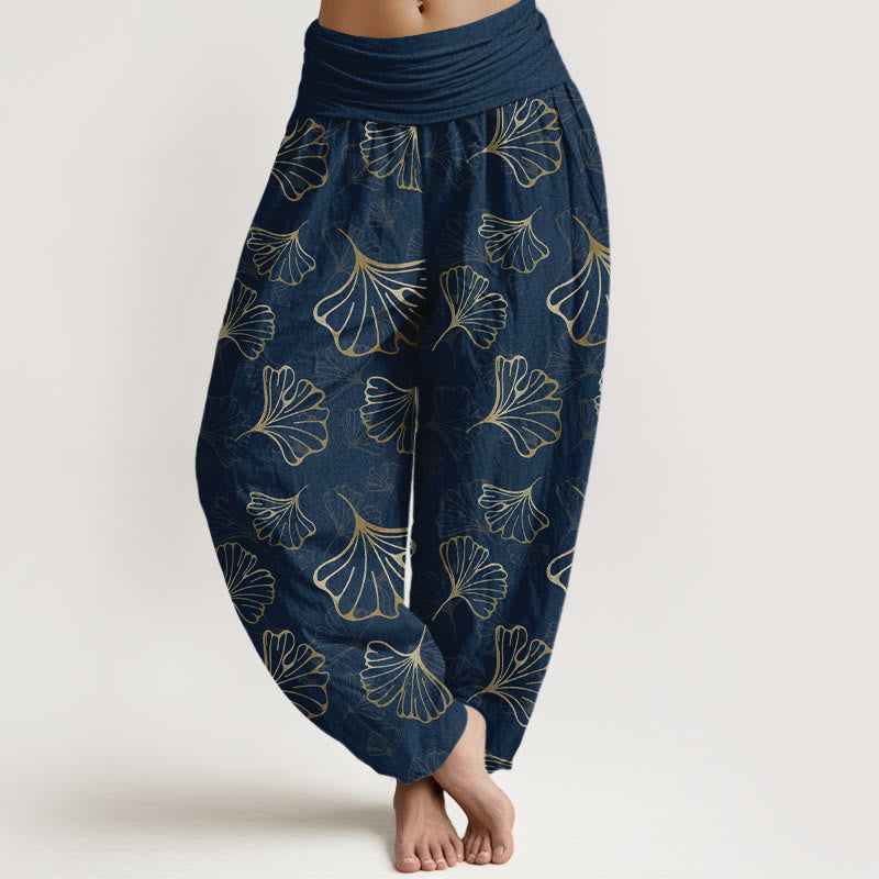 Pantaloni harem da donna con elastico in vita, in puro cotone, stile minimalista, motivo foglie di ginkgo, Buddha Stones - Blu scuro - US16, UK/AU20, EU48 (3XL) - image 8