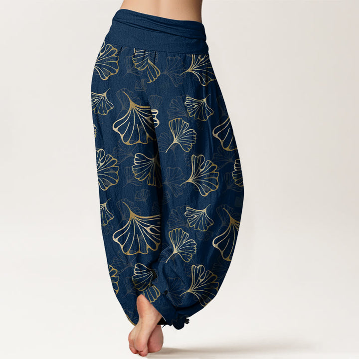 Pantaloni harem da donna con elastico in vita, in puro cotone, stile minimalista, motivo foglie di ginkgo, Buddha Stones - image 9