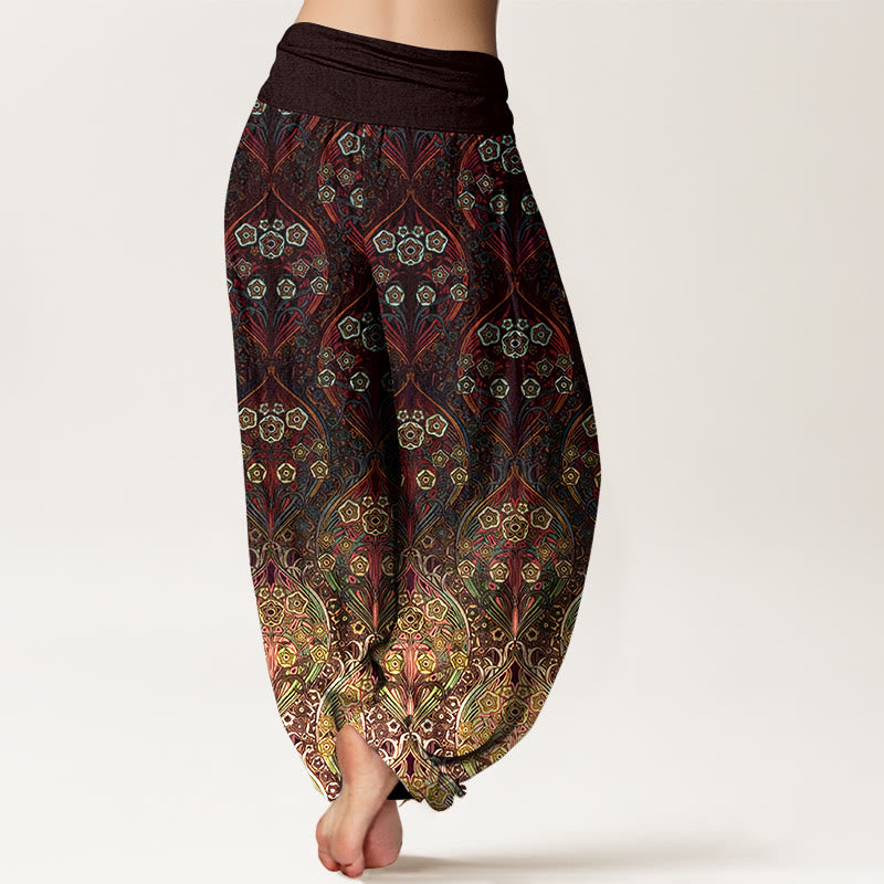 Pantaloni harem da donna con elastico in vita e motivo floreale retrò in puro cotone Buddha Stones - image 1