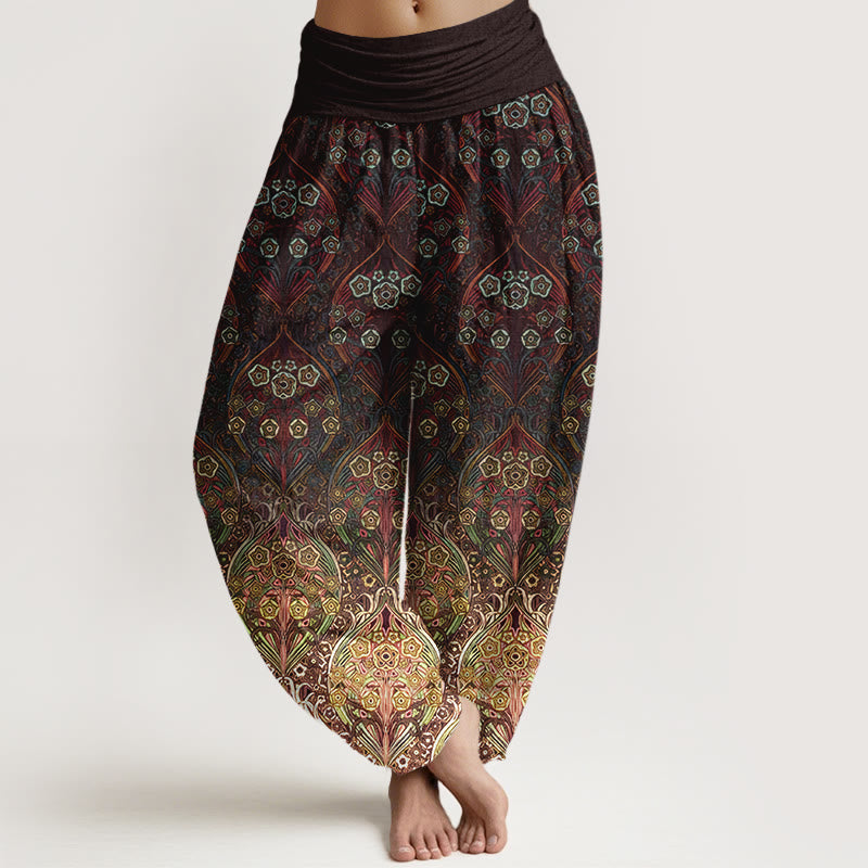Pantaloni harem da donna con elastico in vita e motivo floreale retrò in puro cotone Buddha Stones - Marrone sella - US16, UK/AU20, EU48 (3XL) - image 0