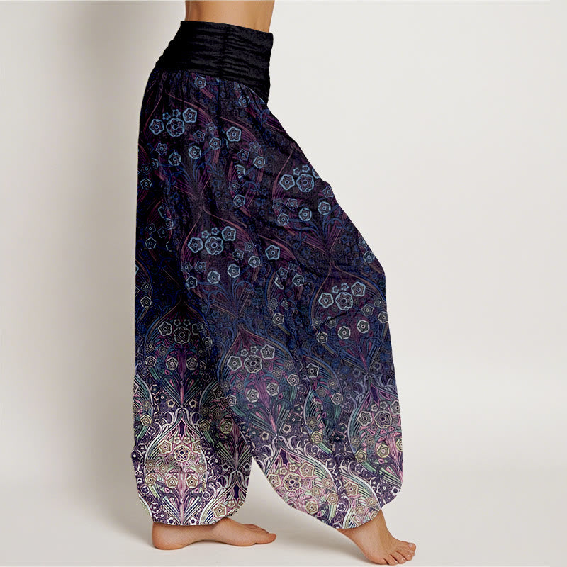 Pantaloni harem da donna con elastico in vita e motivo floreale retrò in puro cotone Buddha Stones - image 7
