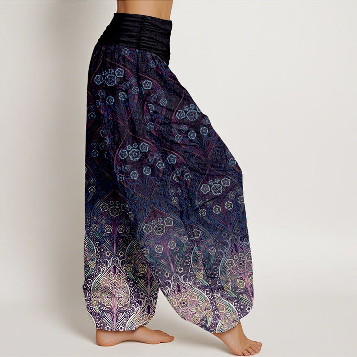 Pantaloni harem da donna con elastico in vita e motivo floreale retrò in puro cotone Buddha Stones - image 7