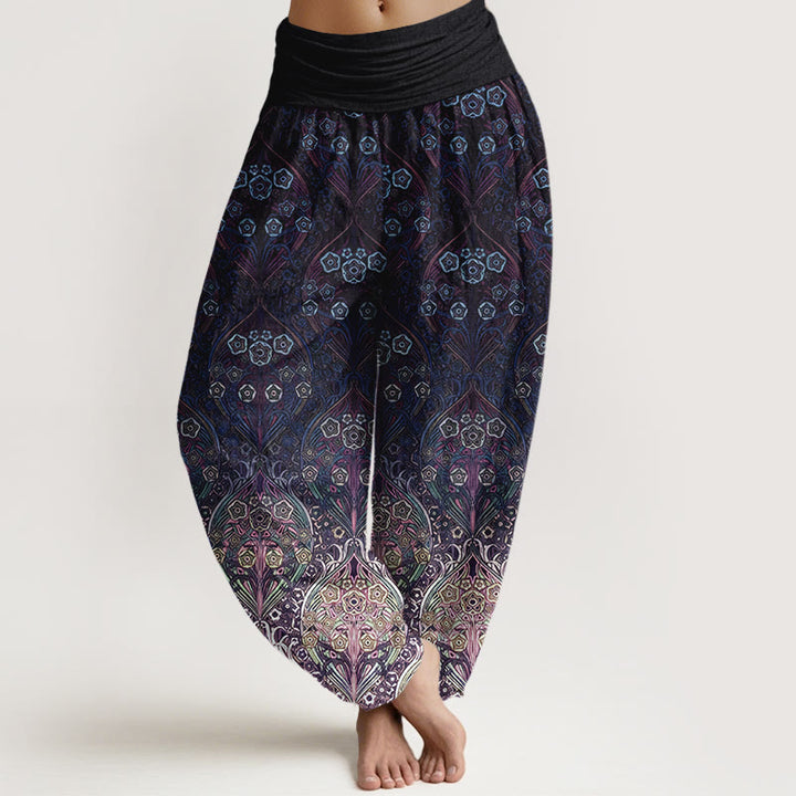 Pantaloni harem da donna con elastico in vita e motivo floreale retrò in puro cotone Buddha Stones - Indaco - US16, UK/AU20, EU48 (3XL) - image 5