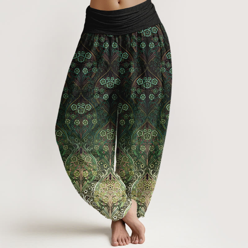 Pantaloni harem da donna con elastico in vita e motivo floreale retrò in puro cotone Buddha Stones - Verde scuro - US16, UK/AU20, EU48 (3XL) - image 8