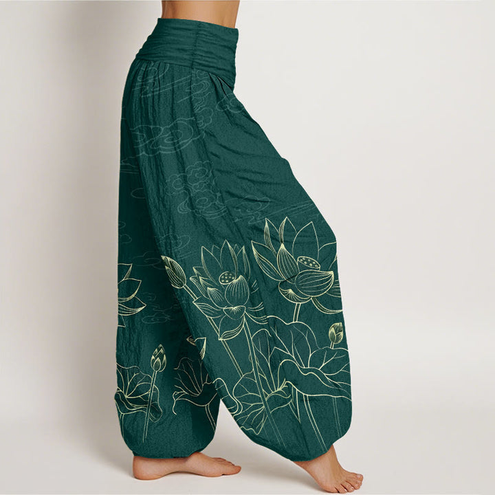 Pantaloni harem da donna con elastico in vita, modello conciso di fiori di loto, foglie, baccelli, boccioli e nuvole, in puro cotone, motivo Buddha Stones - image 2