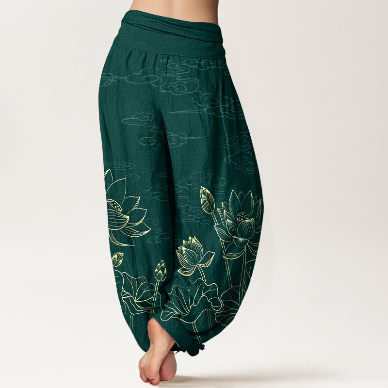Pantaloni harem da donna con elastico in vita, modello conciso di fiori di loto, foglie, baccelli, boccioli e nuvole, in puro cotone, motivo Buddha Stones - image 1
