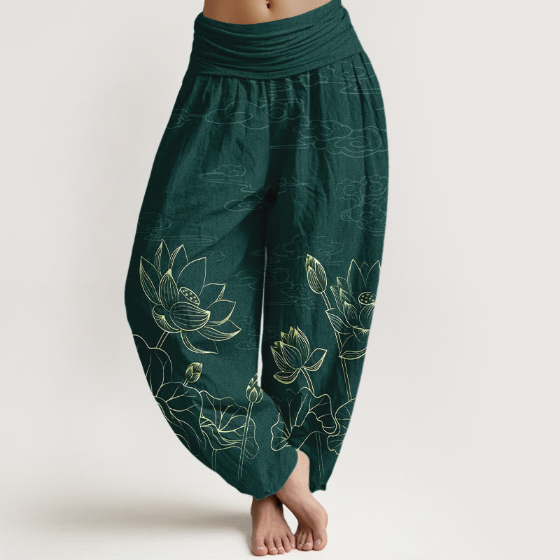 Pantaloni harem da donna con elastico in vita, modello conciso di fiori di loto, foglie, baccelli, boccioli e nuvole, in puro cotone, motivo Buddha Stones - Verde scuro - US16, UK/AU20, EU48 (3XL) - image 0