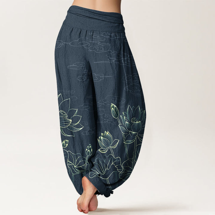 Pantaloni harem da donna con elastico in vita, modello conciso di fiori di loto, foglie, baccelli, boccioli e nuvole, in puro cotone, motivo Buddha Stones - image 6