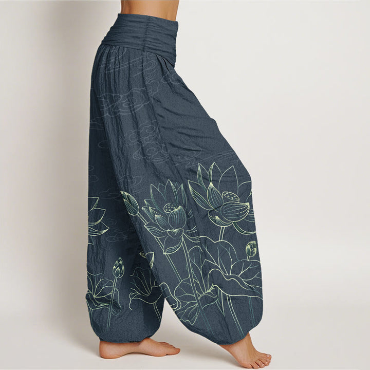 Pantaloni harem da donna con elastico in vita, modello conciso di fiori di loto, foglie, baccelli, boccioli e nuvole, in puro cotone, motivo Buddha Stones - image 7