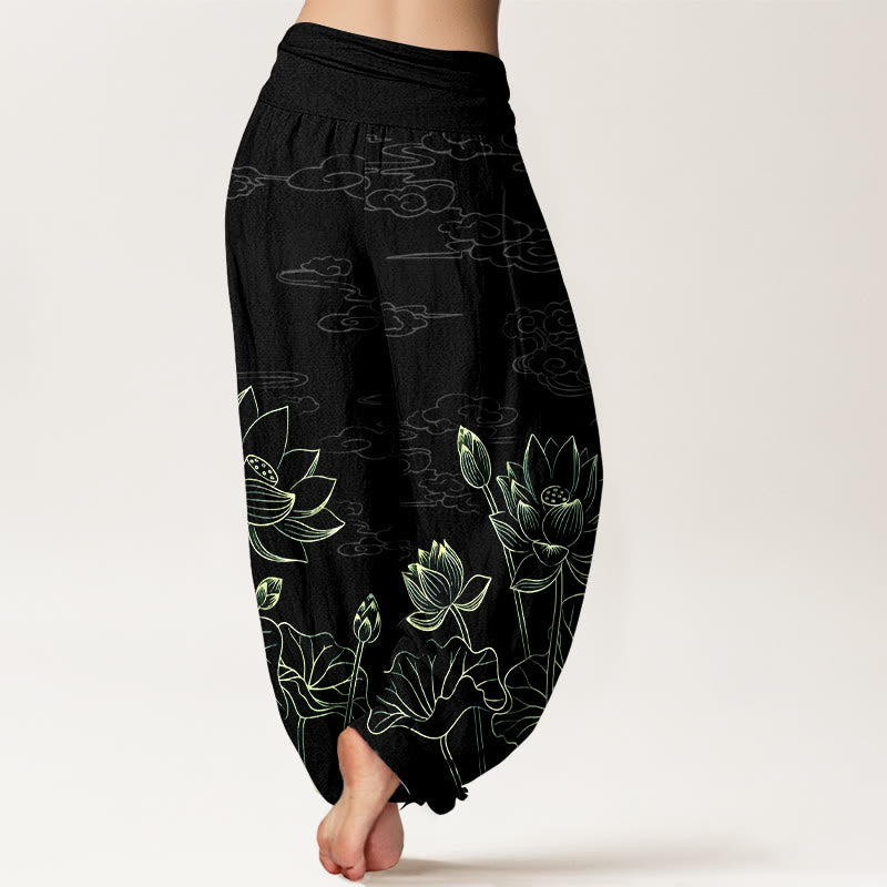 Pantaloni harem da donna con elastico in vita, modello conciso di fiori di loto, foglie, baccelli, boccioli e nuvole, in puro cotone, motivo Buddha Stones - image 9