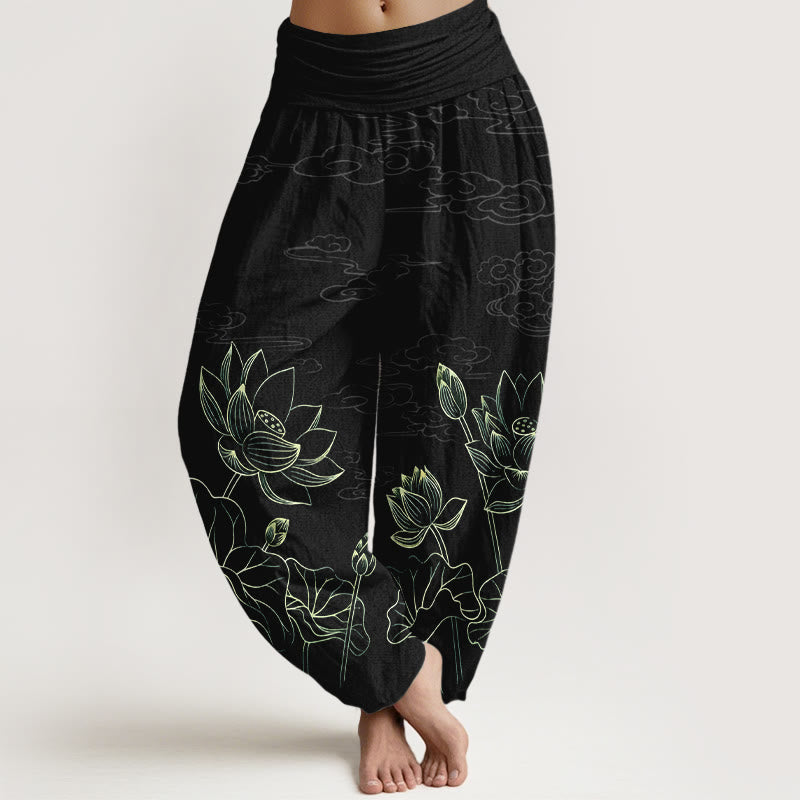 Pantaloni harem da donna con elastico in vita, modello conciso di fiori di loto, foglie, baccelli, boccioli e nuvole, in puro cotone, motivo Buddha Stones - Nero - US16, UK/AU20, EU48 (3XL) - image 8