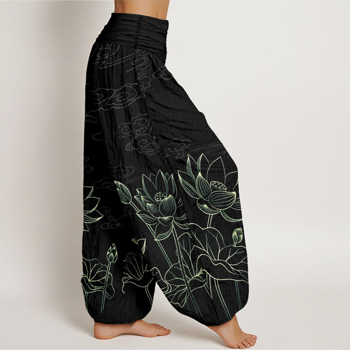 Pantaloni harem da donna con elastico in vita, modello conciso di fiori di loto, foglie, baccelli, boccioli e nuvole, in puro cotone, motivo Buddha Stones - image 10