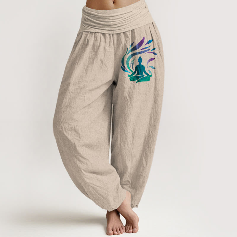 Pantaloni harem da donna con elastico in vita, motivo a figura umana, in puro cotone, Buddha Stones - Abbronzatura - US16, UK/AU20, EU48 (3XL) - image 0