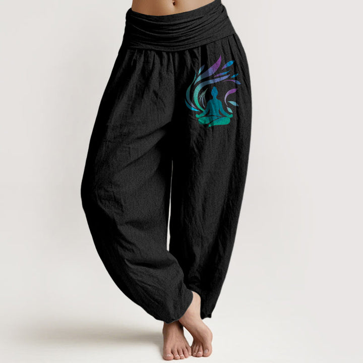 Pantaloni harem da donna con elastico in vita, motivo a figura umana, in puro cotone, Buddha Stones - Nero - US16, UK/AU20, EU48 (3XL) - image 5