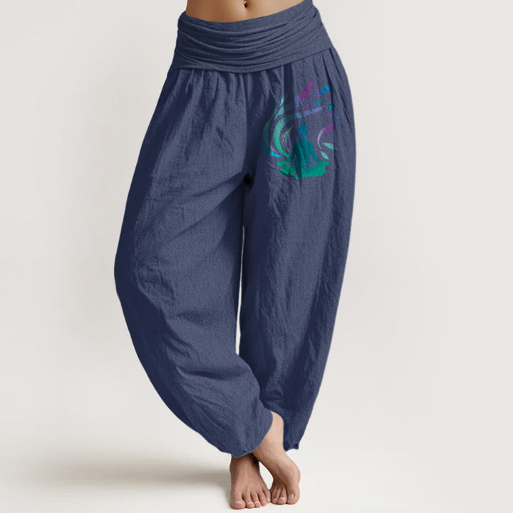 Pantaloni harem da donna con elastico in vita, motivo a figura umana, in puro cotone, Buddha Stones - DarkSlateBlue - US16, UK/AU20, EU48 (3XL) - image 8