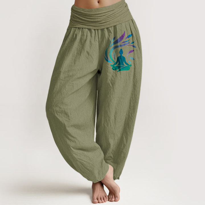 Pantaloni harem da donna con elastico in vita, motivo a figura umana, in puro cotone, Buddha Stones - Verde oliva - US16, UK/AU20, EU48 (3XL) - image 14