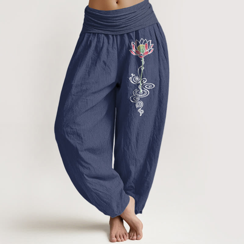 Pantaloni harem da donna con elastico in vita, in puro cotone, con motivo a fiori di loto, motivo Buddha Stones - DarkSlateBlue - US16, UK/AU20, EU48 (3XL) - image 0