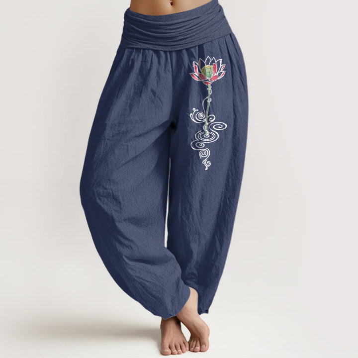 Pantaloni harem da donna con elastico in vita, in puro cotone, con motivo a fiori di loto, motivo Buddha Stones - DarkSlateBlue - US16, UK/AU20, EU48 (3XL) - image 0