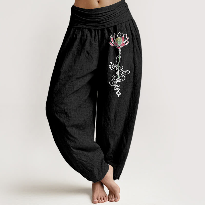 Pantaloni harem da donna con elastico in vita, in puro cotone, con motivo a fiori di loto, motivo Buddha Stones - Nero - US16, UK/AU20, EU48 (3XL) - image 5