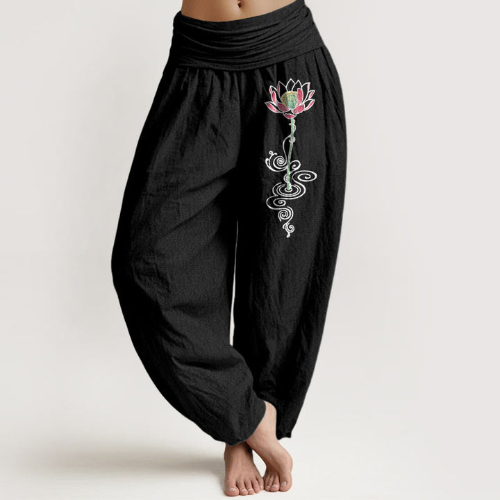 Pantaloni harem da donna con elastico in vita, in puro cotone, con motivo a fiori di loto, motivo Buddha Stones - Nero - US16, UK/AU20, EU48 (3XL) - image 5